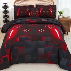 Gaming Controller Black and Red Twin Size,5 Piece Comforter/Bedding Set